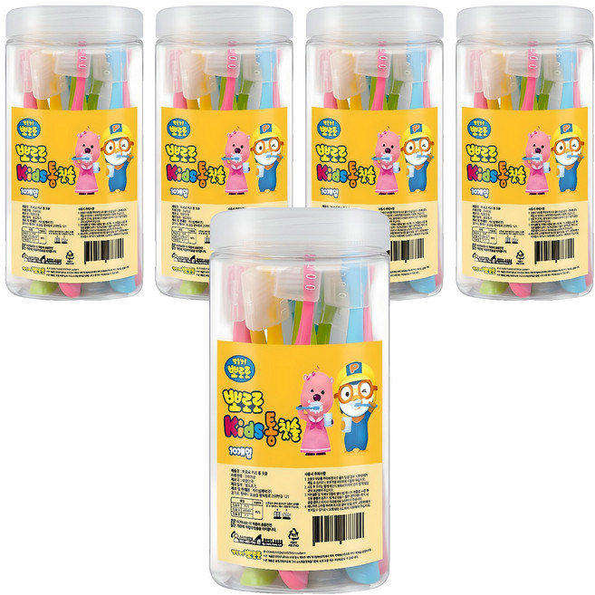 케이엠제약 뽀로로 키즈 통 칫솔, 핑크 + 옐로우 + 그린 + 블루, 10개입, 5세트