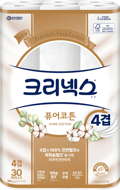 크리넥스 퓨어코튼 천연펄프 4겹 롤화장지, 25m, 30개입, 1개