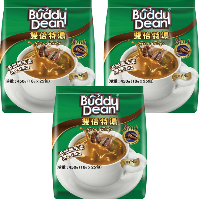 Buddy Dean 巴迪 三合一咖啡 雙倍特濃, 18g, 25包, 3袋