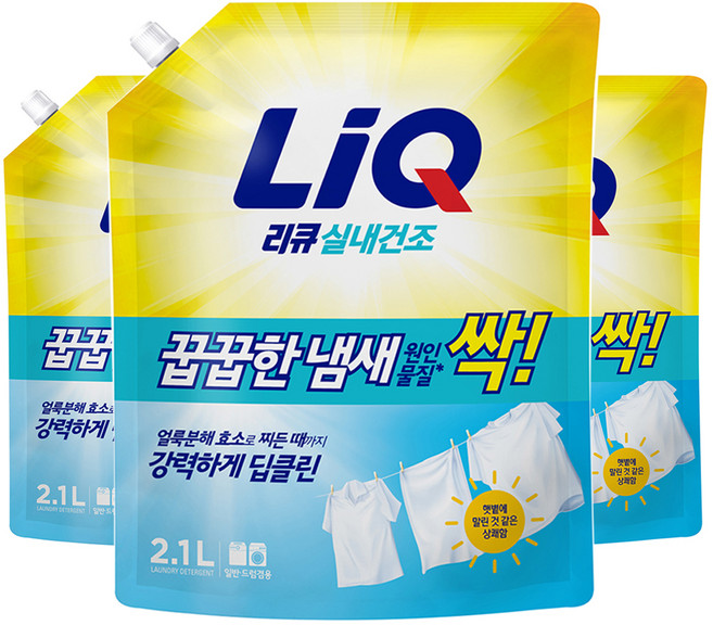 리큐 꿉꿉한 냄새 싹 실내건조 플로럴향 액체세제 리필, 2.1L, 3개
