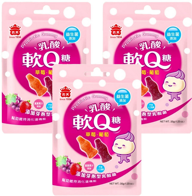 義美 益生菌乳酸軟Q糖 綜合, 3包, 35g