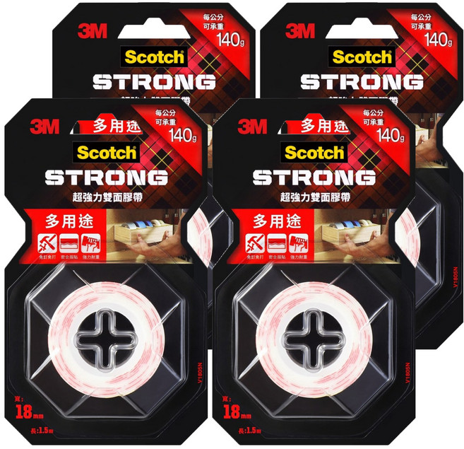 3M Scotch 超強力雙面膠帶 多用途 V1805N 18mm x 1.5m, 紅色, 4捲