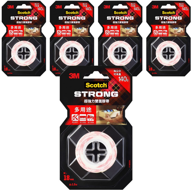 3M Scotch 超強力雙面膠帶 多用途 V1805N 18mm x 1.5m, 紅色, 5捲