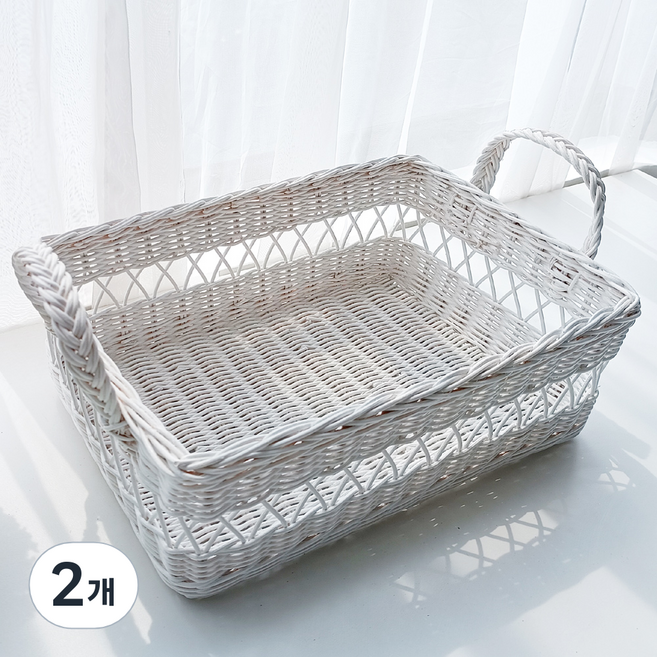 라탄샵 고급 등나무 직사각 손잡이 라탄 바구니 N007W, 화이트, 2개