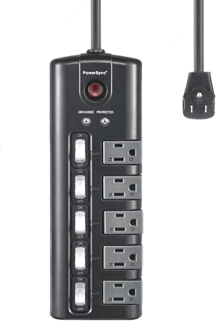 PowerSync 群加 5開5插防雷擊旋轉插座延長線 TS5X0018, 黑色, 1個, 1.8m
