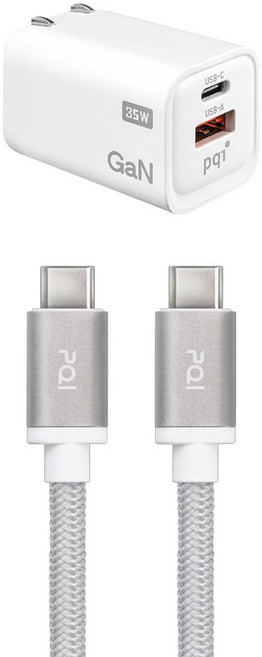 pqi 勁永 PDC 35W 2-Port USB-C to C 充電器組合包 充電器 PD 3.0 QC 3.0 GaN 100cm Cable 白色