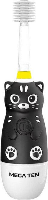 MEGA TEN 兒童電動牙刷 360度刷頭 LED燈 極細軟毛刷頭, 小黑貓 黑色 + 白色, 1支, MB-KS6008BC