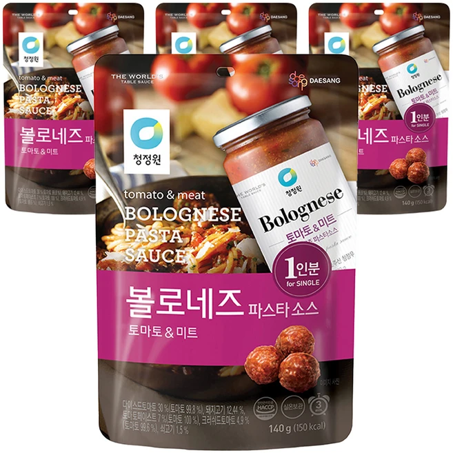 청정원 싱글 파우치 볼로네즈 파스타 소스, 4개, 140g - 쿠팡