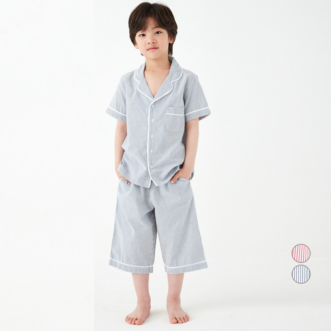 LollyTree 童款泡泡紗條紋睡衣套裝