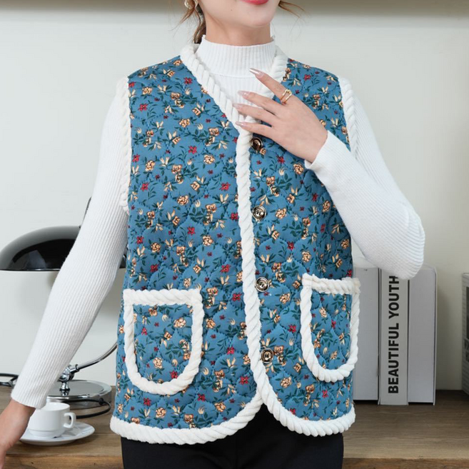 絲綢之路 松粉 花朵圖案 絎縫 保暖 背心