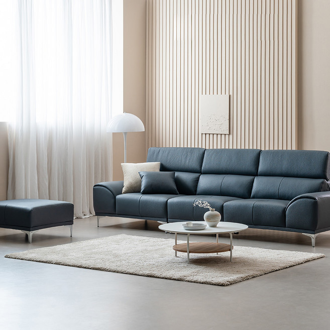 레이디가구 비비드 통가죽 헤드레스트 4인용 소파 + 스툴 세트 방문설치, 미스티블루