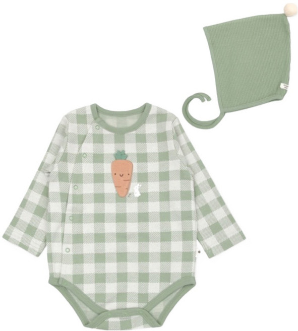 오가닉맘 유아용 캐롯체크 긴소매 바디수트 + 모자 + 기프트백 세트 MHZLQS02 + 쇼핑백