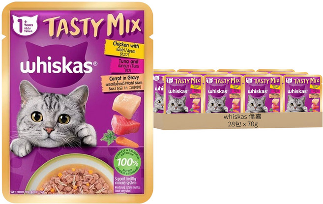 whiskas 偉嘉 什錦珍味系列 貓主食餐包, 雞肉 + 鮪魚 + 紅蘿蔔湯汁, 70g, 28包