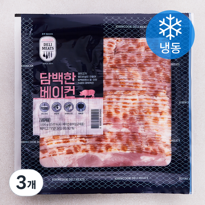 존쿡델리미트 담백한 베이컨 (냉동), 1kg, 3개