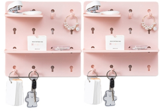 엘두레브 타공판 심플선반 무타공 후크걸이 2개, 핑크, 2단