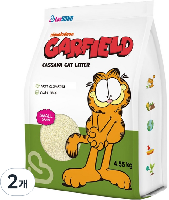러봉 응고형 가필드 카사바 가는입자 고양이 모래 그린, 4.55kg, 2개, 무향