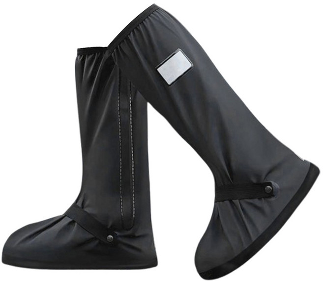 COMET 42cm高筒快穿加厚反光雨鞋套 綁帶設計行走更穩固 防滑鞋底 雙層防護, 黑色, 1雙