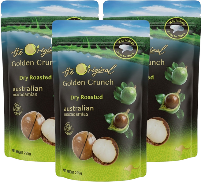The Original Golden Crunch Macadamias Australia 頂級夏威夷果 帶殼原味, 3個, 225g