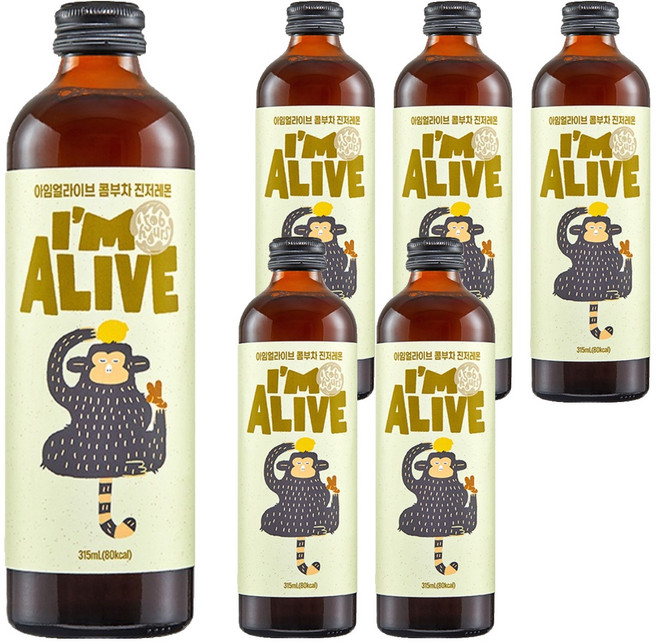 아임얼라이브콤부차 유리병 진저레몬, 315ml, 6개