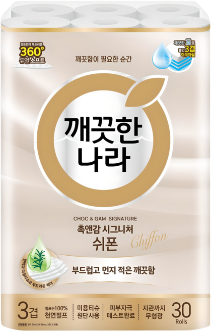 깨끗한나라 촉앤감 시그니처 쉬폰 천연펄프 3겹 고급롤화장지, 27m, 30개입, 1개