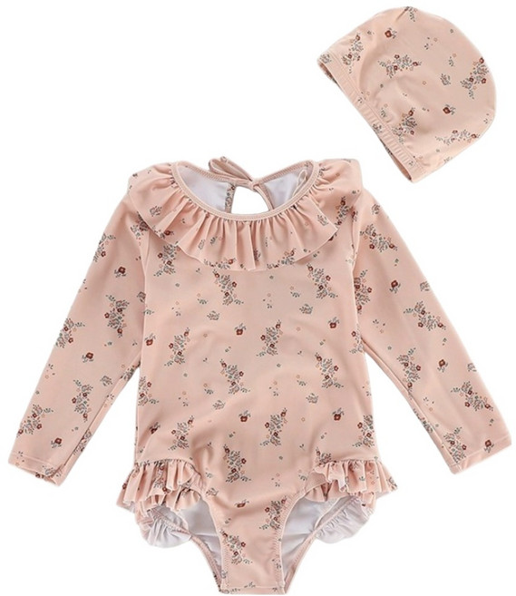 愛北鼻 INS女童長袖圓領連體泳衣 + 泳帽 建議130~140cm