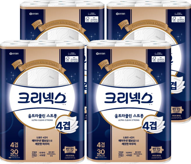 크리넥스 울트라클린 천연펄프 4겹 고급롤화장지, 25m, 30개입, 4개