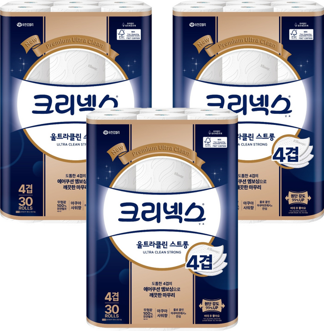 크리넥스 울트라클린 천연펄프 4겹 고급롤화장지, 25m, 30개입, 3개