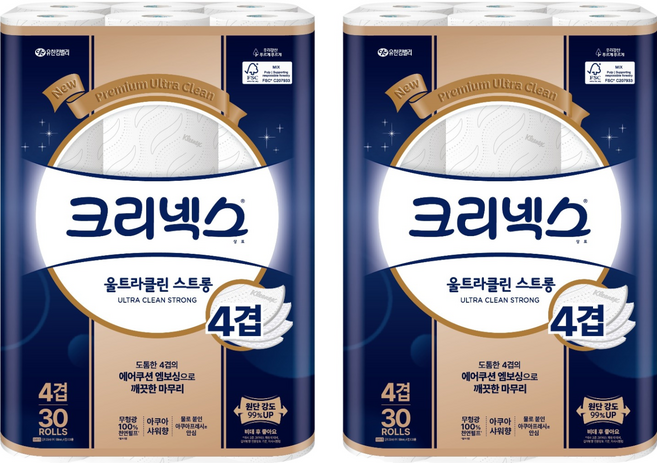 크리넥스 울트라클린 천연펄프 4겹 고급롤화장지, 25m, 30개입, 2개