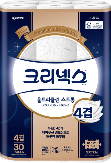 크리넥스 울트라클린 천연펄프 4겹 고급롤화장지, 25m, 30개입, 1개
