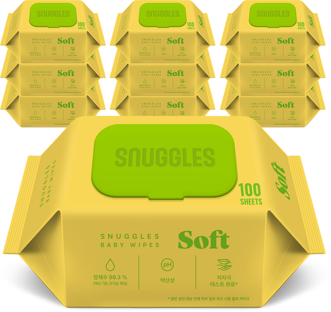 스너글스 소프트 유아용 저자극 아기물티슈 캡형, 10팩, 100매, 35g