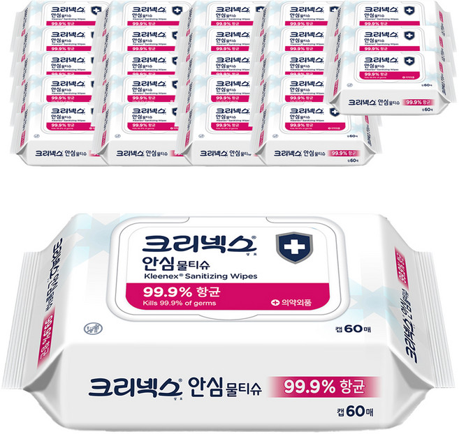 크리넥스 안심 물티슈 캡형, 60매입, 24개
