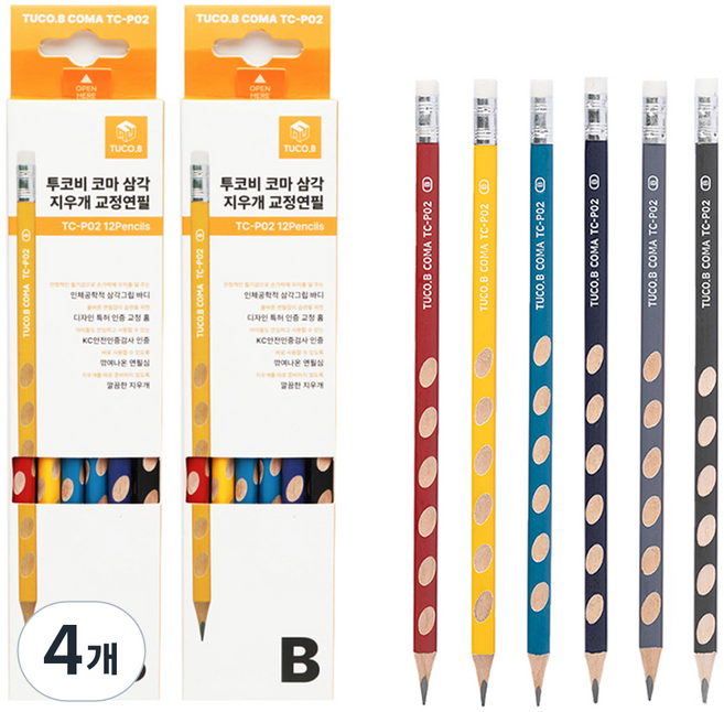 TUCO.B KOMA 矯正用三角握把鉛筆 B TC-P02 12入, 混合顏色, 4個