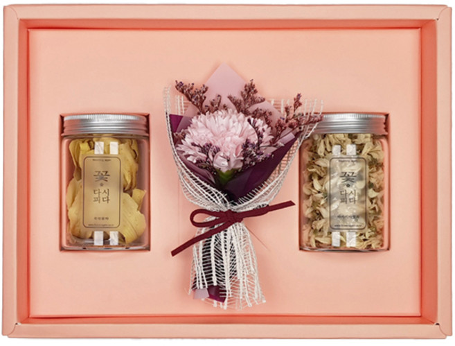 꽃다시피다 5월 감사의 달 꽃차 2종 선물 세트, 목련차 + 아카시아차 + 카네이션 미니 꽃다발, 1세트
