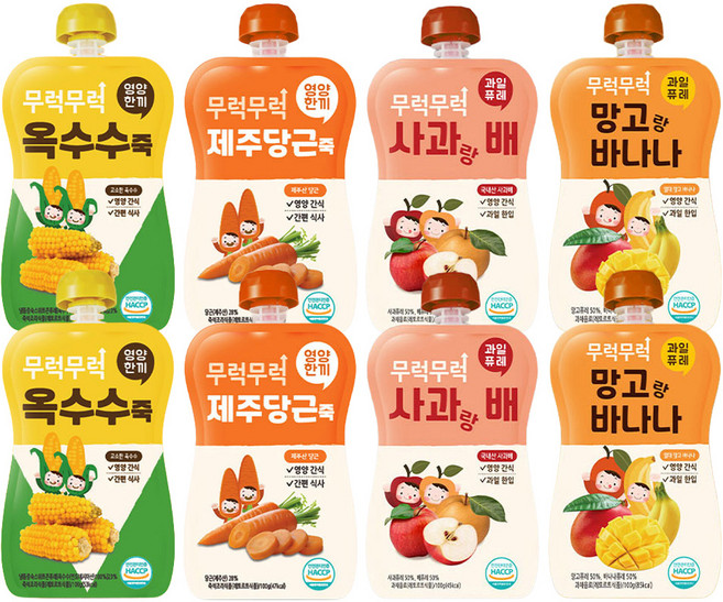 이유케어스 무럭무럭 키즈죽 과일퓨레 4종 세트, 옥수수 + 당근 + 사과랑배 + 망고랑바나나, 2세트