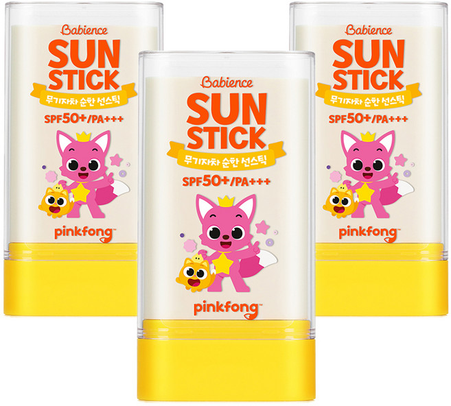 베비언스 유아용 핑크퐁 무기자차 선스틱 SPF50+ PA+++, 3개