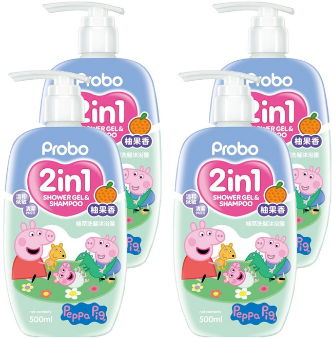 Probo 博寶兒 佩佩豬 植萃洗髮沐浴露 柚果香氛, 500ml, 4瓶