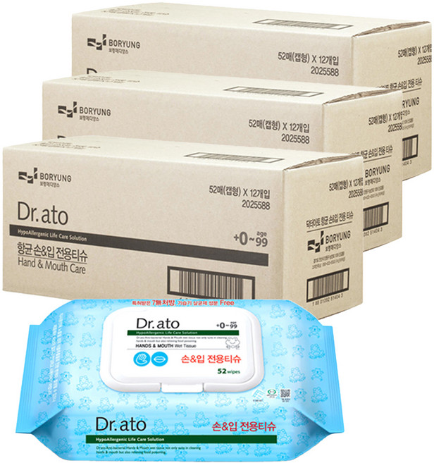닥터아토 손 입 전용티슈 캡형, 60g, 52매, 36개