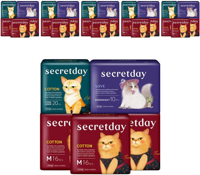 시크릿데이 생리대 코튼 중형 16p x 3팩 + 코튼 롱 팬티라이너 20p + 러브 오버나이트 10p, 6세트