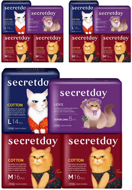 시크릿데이 생리대 코튼 중형 16p x 2팩 + 대형 14p + 러브 슈퍼롱 오버나이트 8p, 3세트