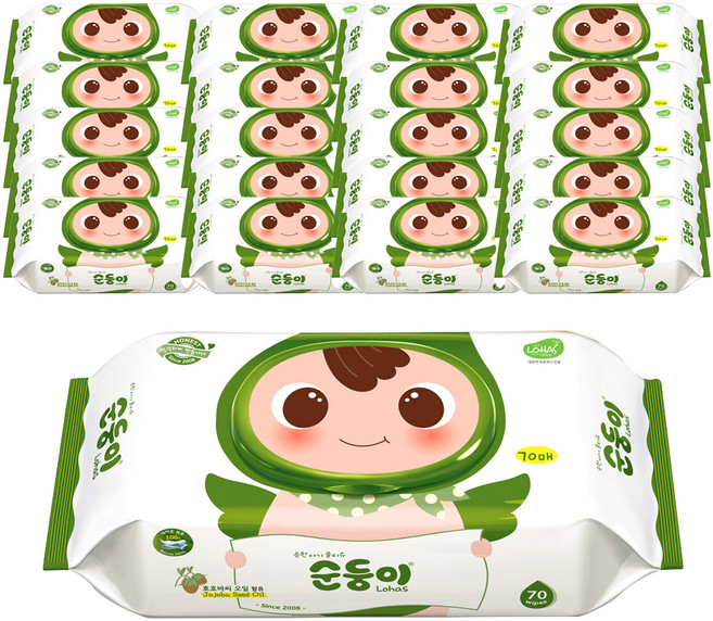 순둥이 로하스 아기물티슈 캡형, 75g, 70매, 20세트