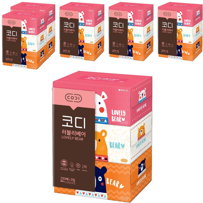 코디 러블리베어 천연펄프 미용티슈 2겹, 230매, 18개