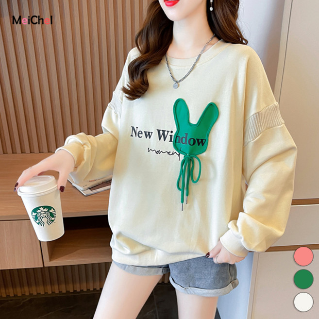 메이첼 간절기 라운드넥 레터링 래빗 긴팔 맨투맨 티셔츠 01266