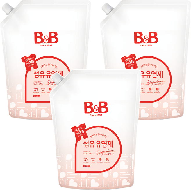 비앤비 비자극 유아 섬유유연제 자스민앤로즈향 리필형, 1.5L, 3개