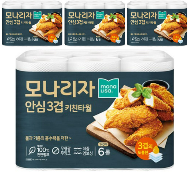 모나리자 안심3겹 천연펄프 키친타올, 24개, 140매