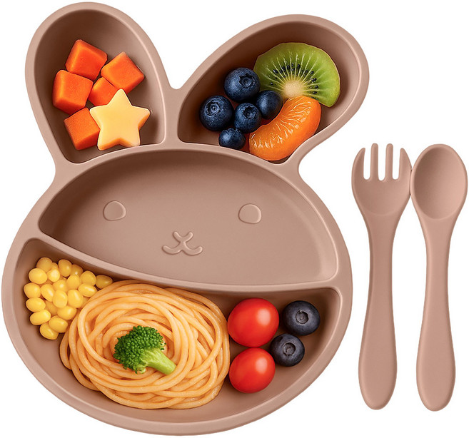 아띠래빗 아동용 실리콘 아기 토끼 흡착식판 + 스푼 + 포크 세트, 토프브라운, 1세트