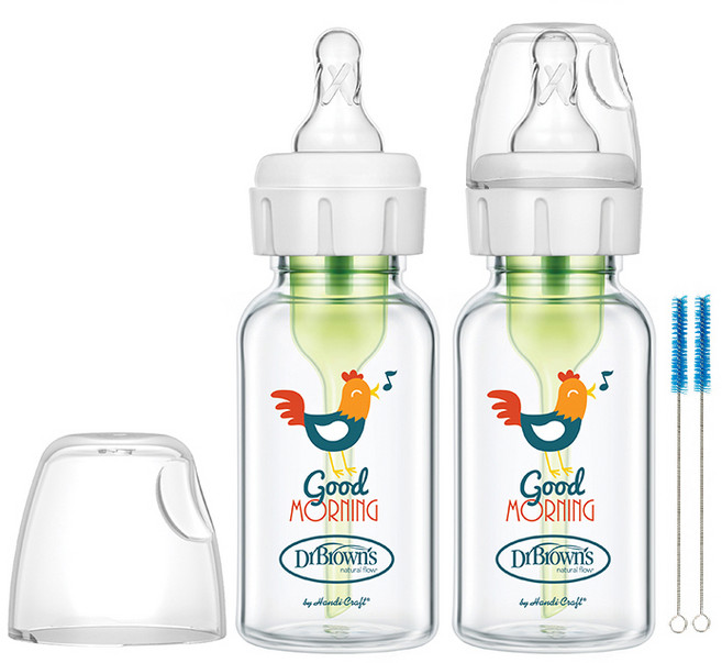 닥터브라운 옵션스 플러스 내로우넥 1단계 유리젖병 루스터 데코 트윈팩, 혼합색상, 120ml, 2개