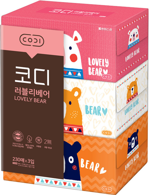 코디 러블리베어 천연펄프 미용티슈 2겹, 230매, 3개