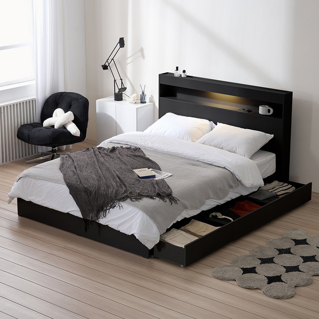 서울소호 트리플 LED 수납 침대프레임 + 파워 본넬 양면 매트리스 세트 방문설치, 블랙(프레임), 화이트(매트리스)