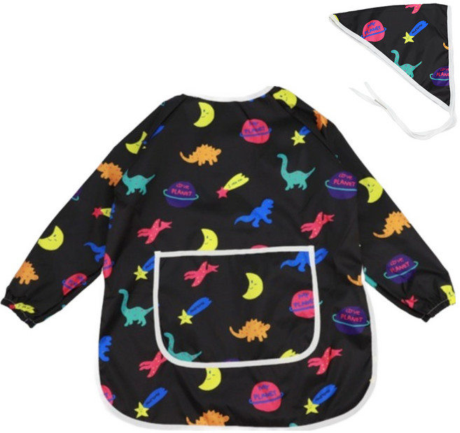 베베슈에뜨 아동용 패턴 긴팔 미술가운 + 두건 세트, 네온다이노