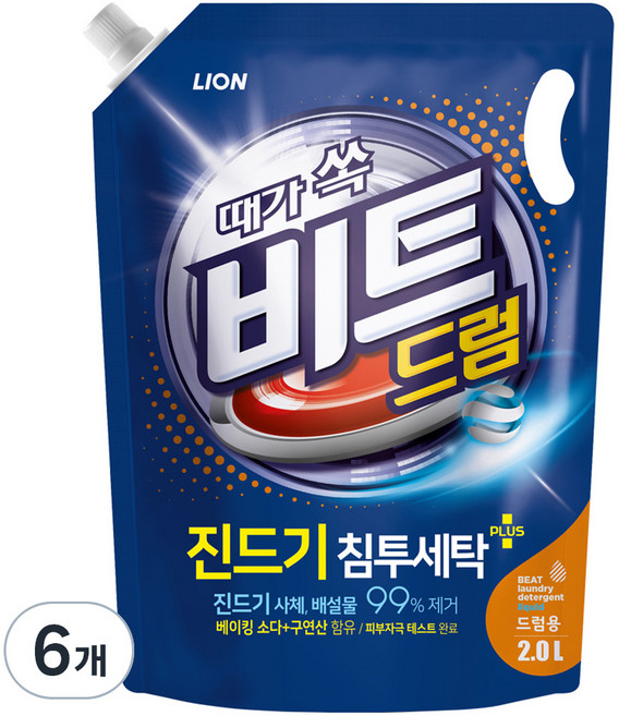 Beat 強力去汙 灰塵蟎蟲 滾筒用液體洗衣精 補充包, 2L, 6個